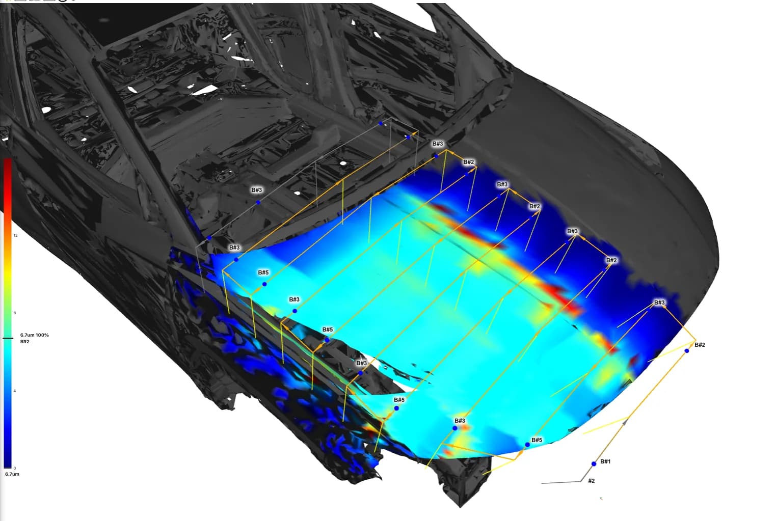 3D simulation of paint thickness on a car body in SprayBrush