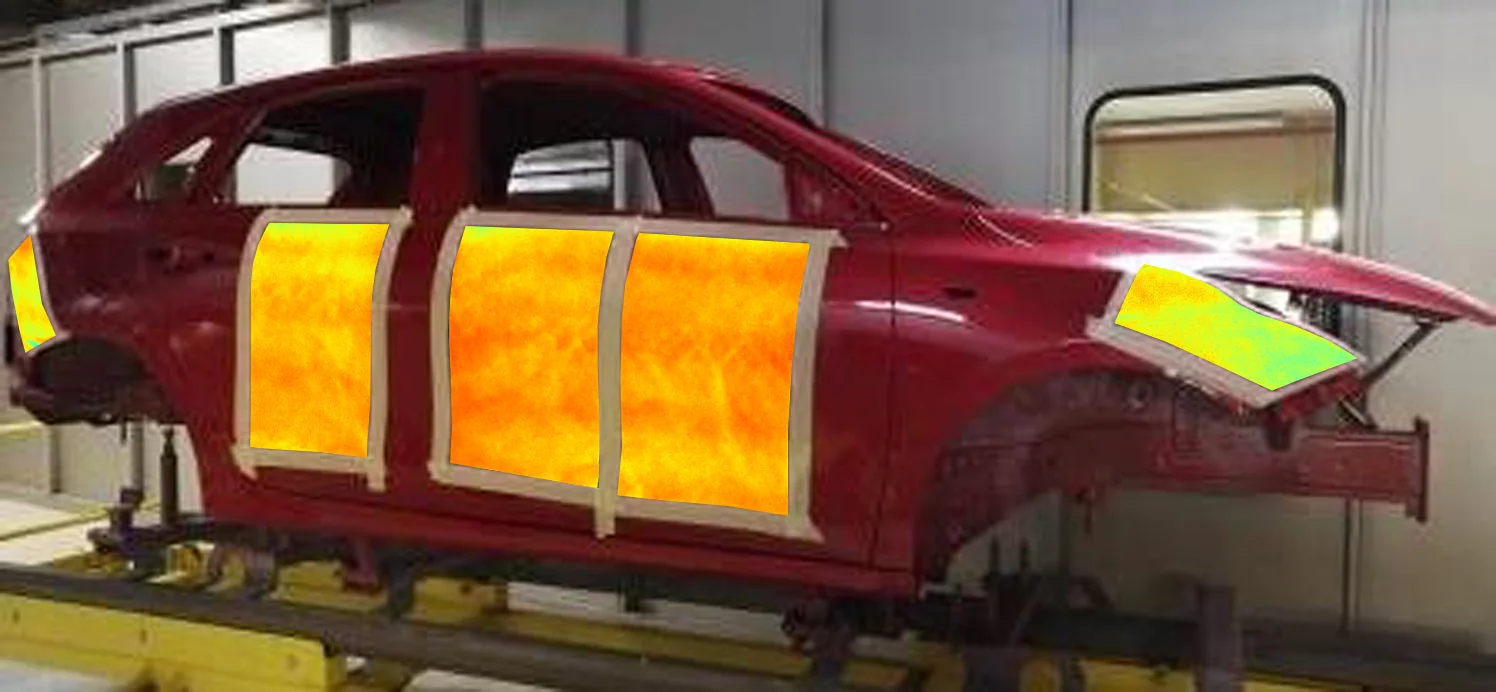 Thickness distribution shown on the doors of a painted car body